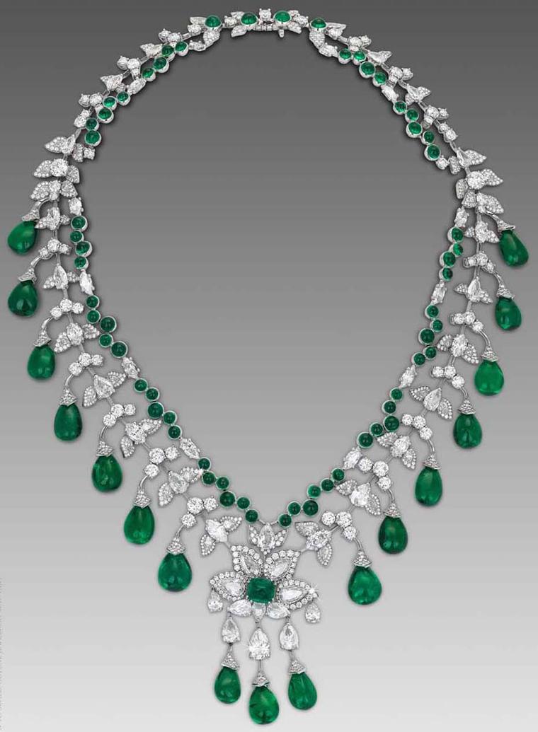 Zambian cabochon emerald necklace by David Morris in white gold.